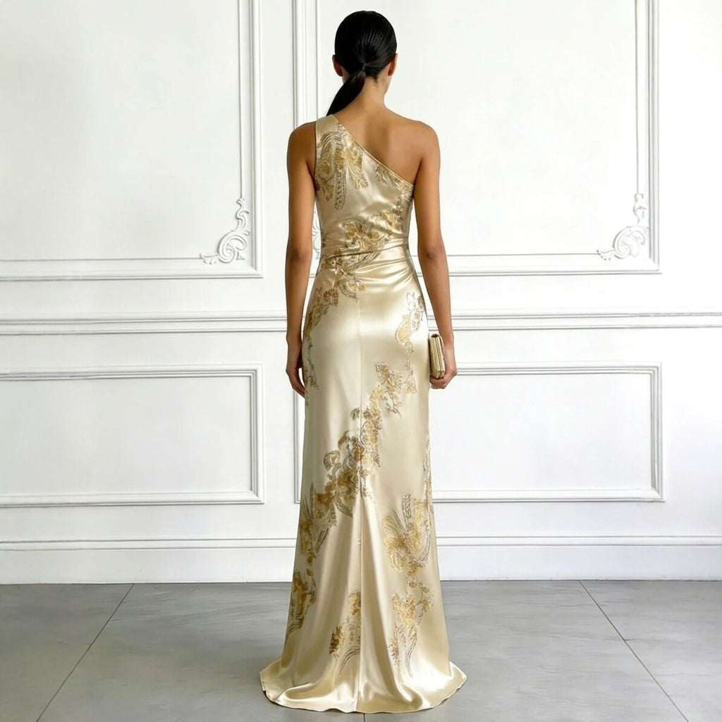 Golden Printed Off Shoulder Slim Fit Long