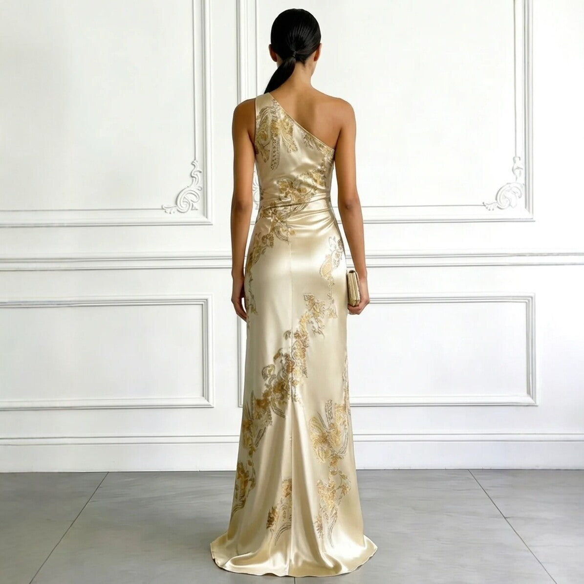 Golden Printed Off-Shoulder Slim-Fit Long Dress