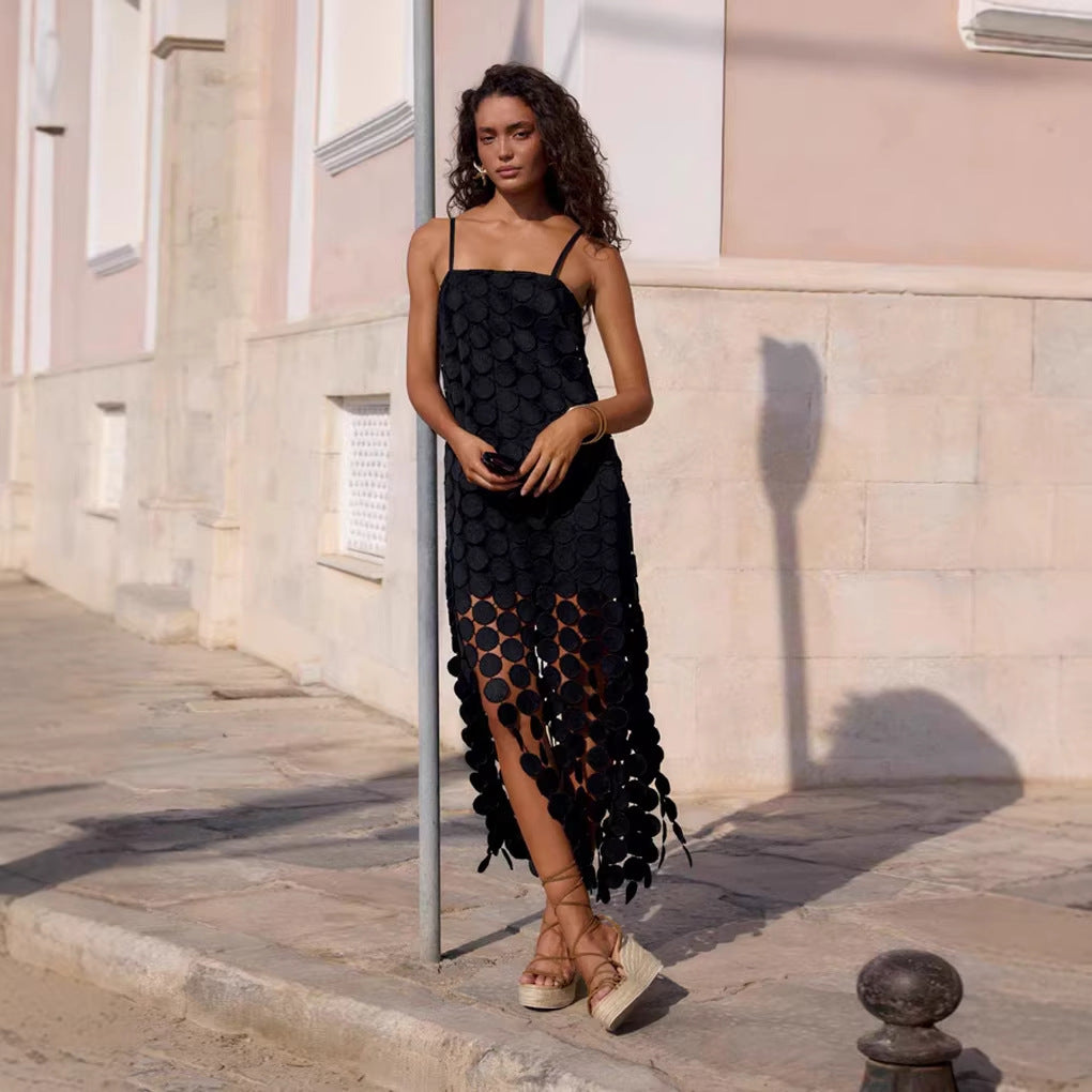 Hollow Out Polka Dot Midi Slip Dress