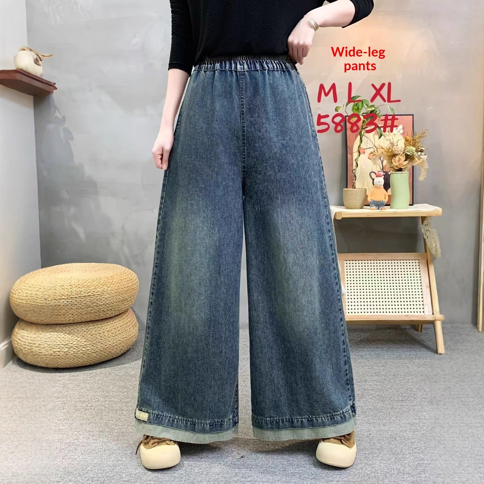 Women's High Waisted Elastic Waist Wide Leg Jeans