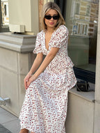 Printed Waist Cinching Puff Sleeve Dress