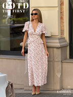 Printed Waist Cinching Puff Sleeve Dress