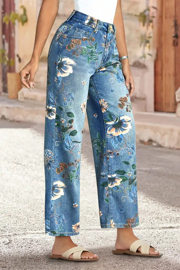 Women's High Waist Straight Leg Vintage Floral Jeans