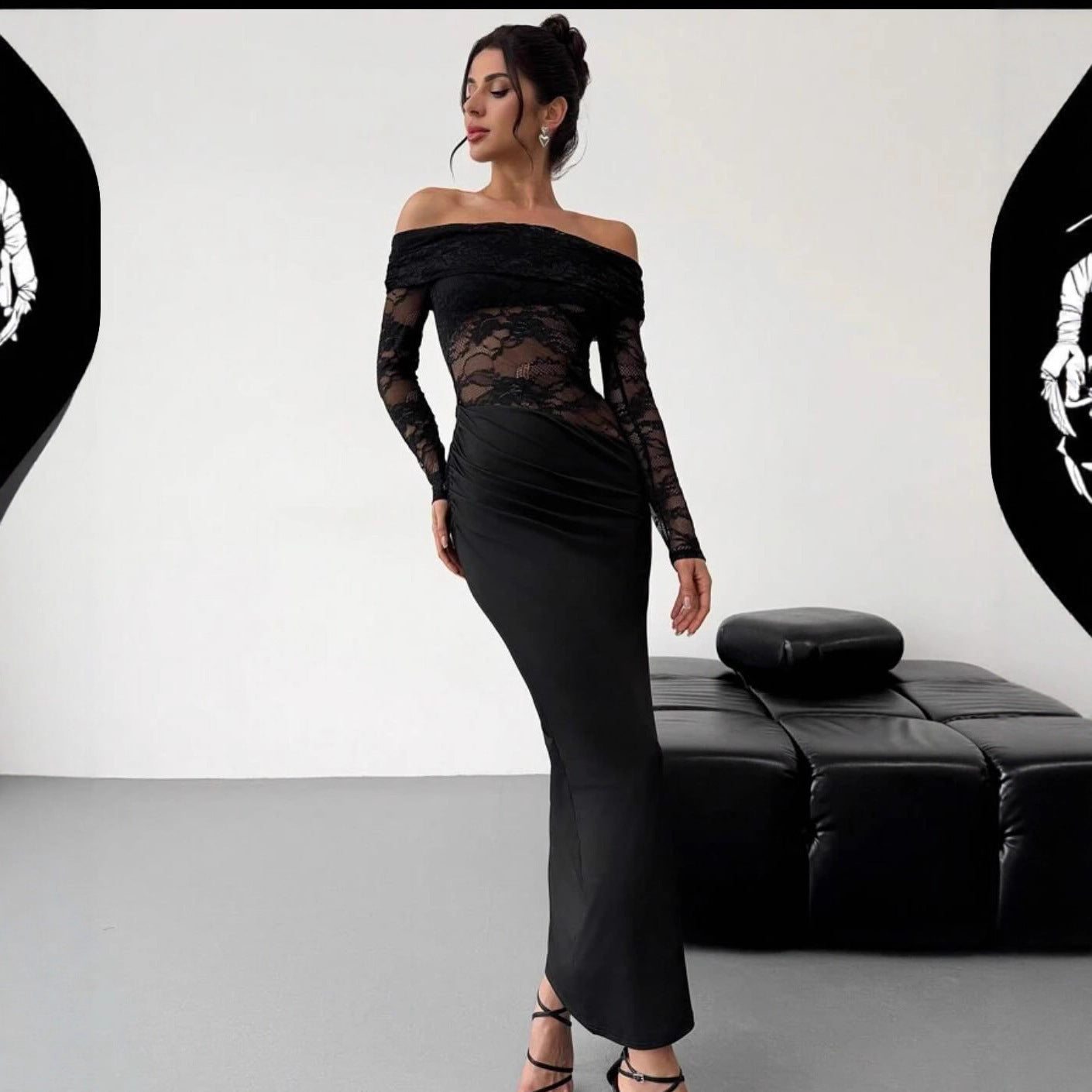 Womens Sexy Hollow-Out Lace Long-Sleeve Dress