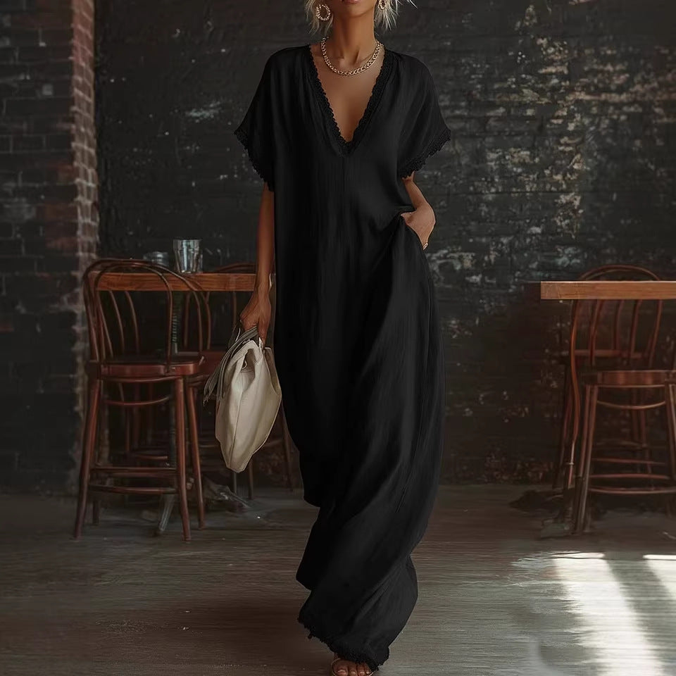 European And American Style Casual Elegant Comfortable Lace-trimmed Loose Linen Cotton Long Dress