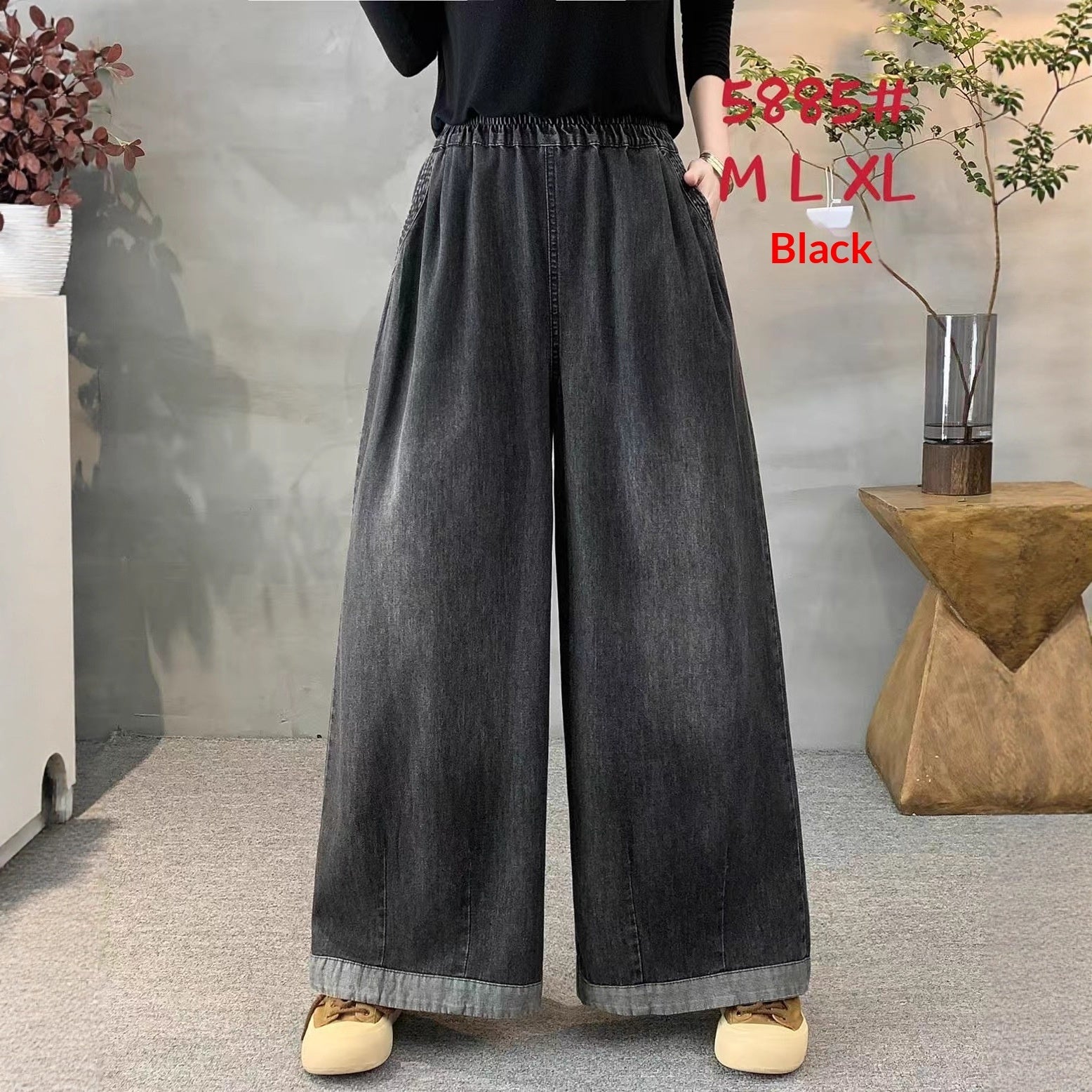 Women's High Waisted Elastic Waist Wide Leg Jeans