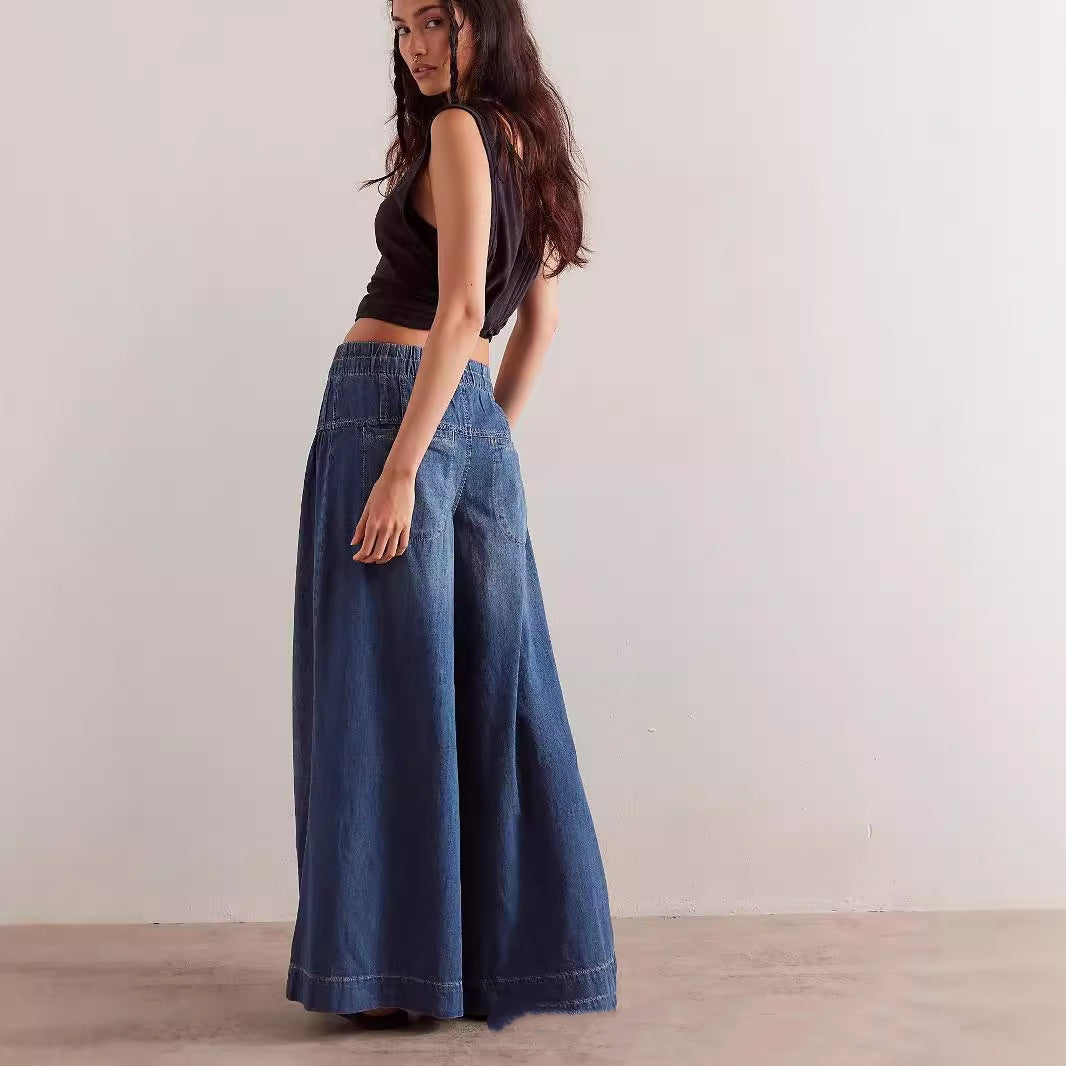 Women's Pleated Mid Waist Lace Up Loose Jeans
