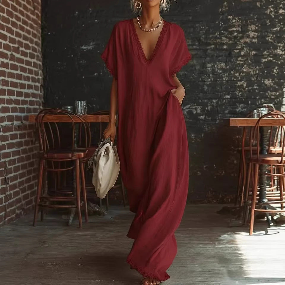 European And American Style Casual Elegant Comfortable Lace-trimmed Loose Linen Cotton Long Dress