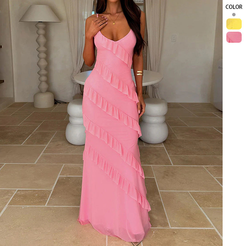 Backless Spaghetti Strap V Neck Dress With