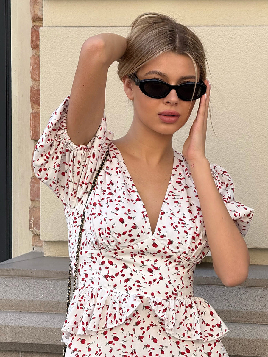Printed Waist Cinching Puff Sleeve Dress