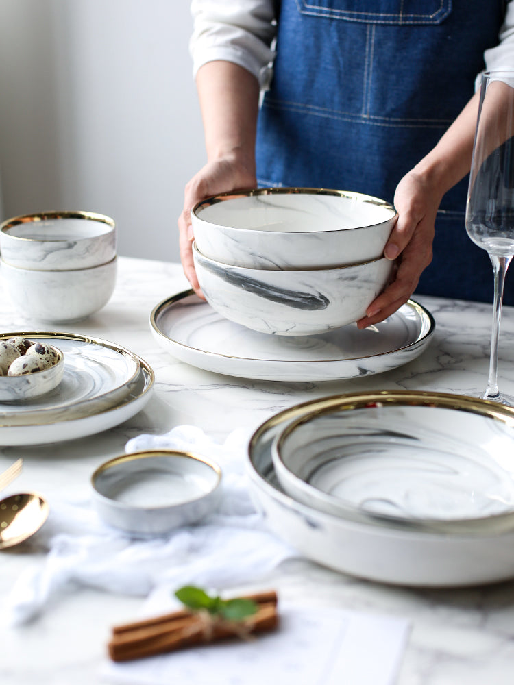 Marble Effect Ceramic Bowls & Plates Tableware Set