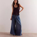 Women's Pleated Mid Waist Lace Up Loose Jeans