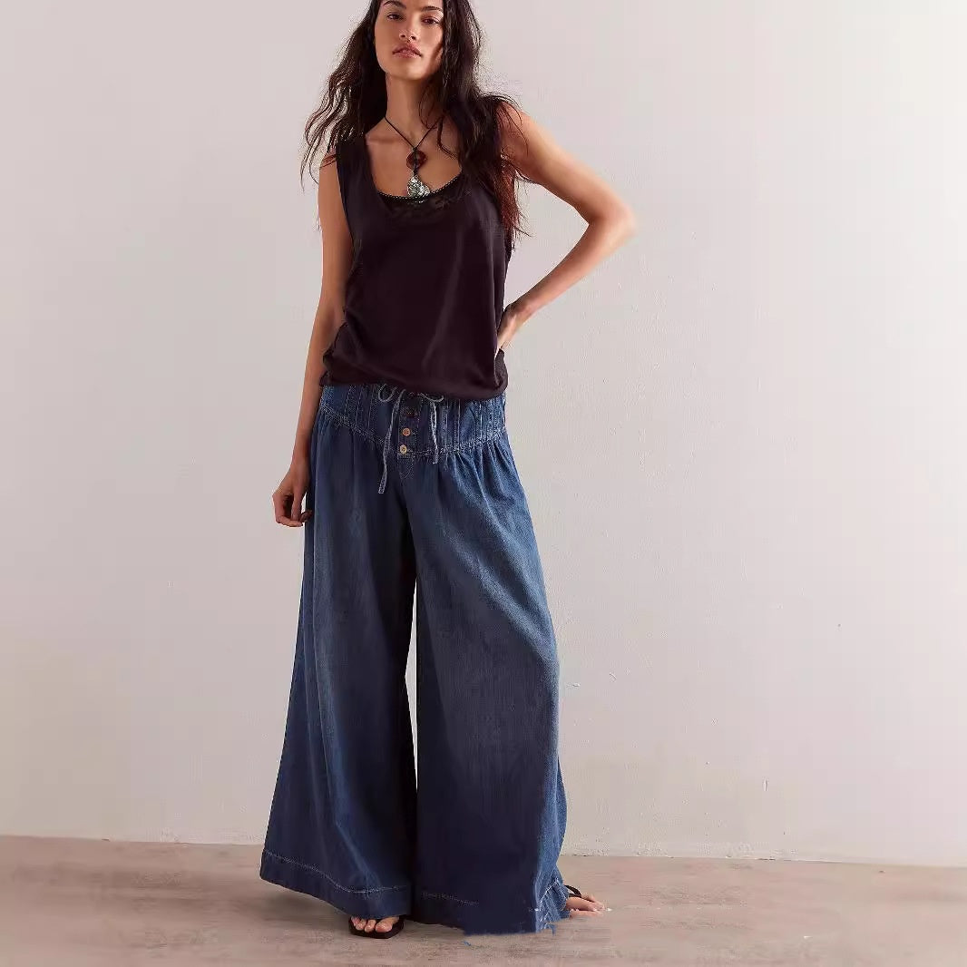 Women's Pleated Mid Waist Lace Up Loose Jeans