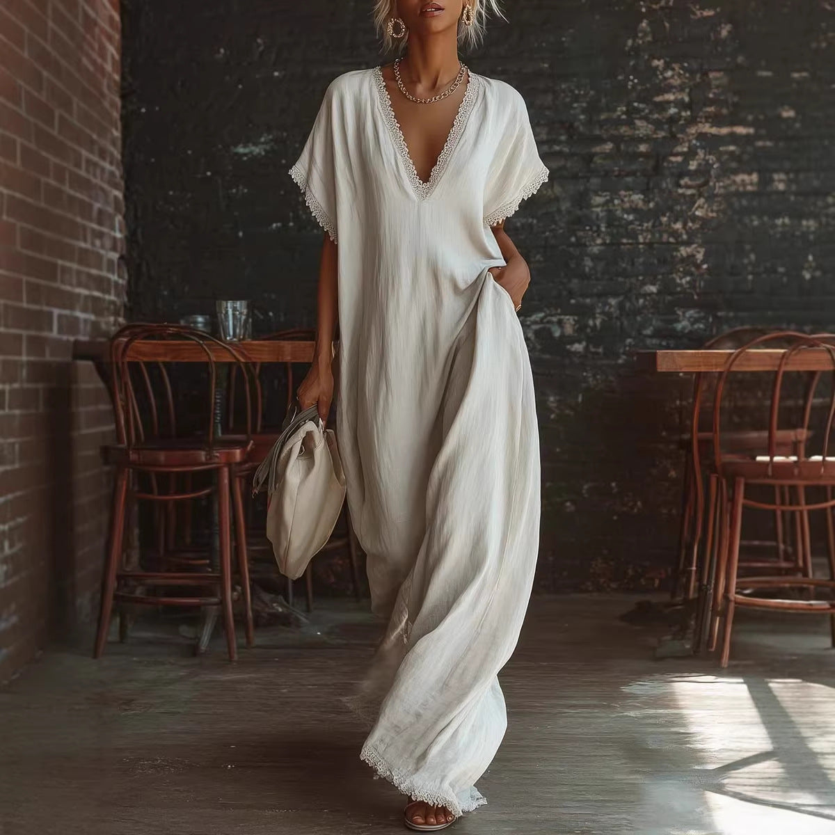 European And American Style Casual Elegant Comfortable Lace-trimmed Loose Linen Cotton Long Dress