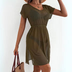 Womens Short Sleeve Waist Cinching Mesh Dress