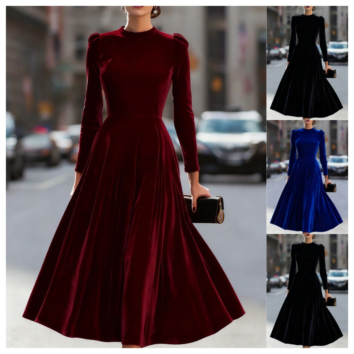 Womens Solid-Colored Casual Velvet Crew-Neck Long-Sleeve Dress