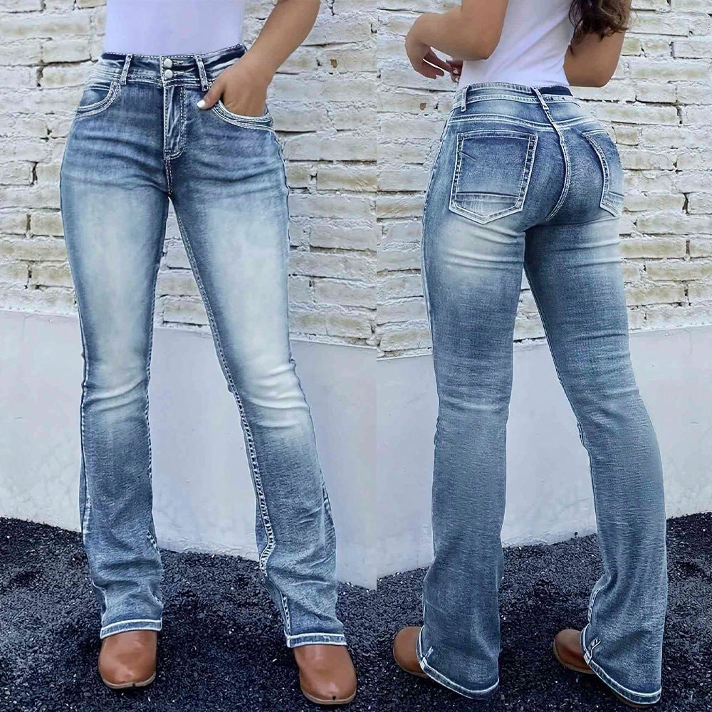 Women's Retro Stretch Embroidery Patchwork Washed Denim Jeans