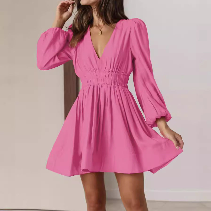 V Neck Waist Cinching Pleated Skirt With