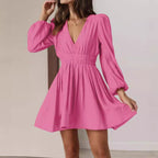 V Neck Waist Cinching Pleated Skirt With