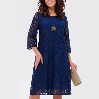 Womens Lace Hollow-Out Round-Neck Three-Quarter-Sleeve Dress