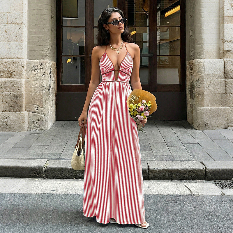 Deep V Neck Striped Resort Dress