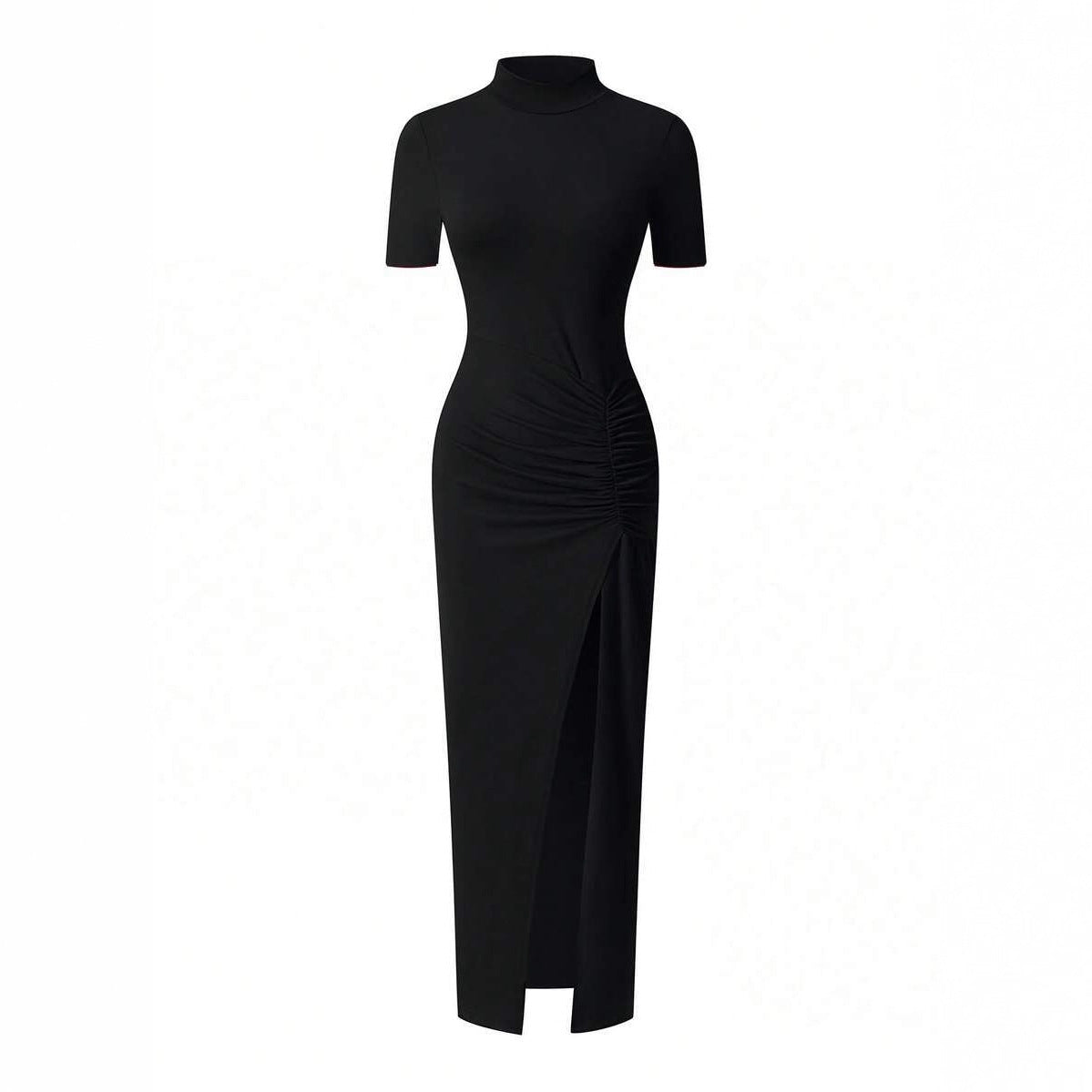 Womens Solid-Colored Short-Sleeve Mock Neck Pleated Slit Dress