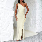Womens Slant Shoulder Ruffle Front Split Dress