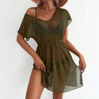 Womens Short Sleeve Waist Cinching Mesh Dress