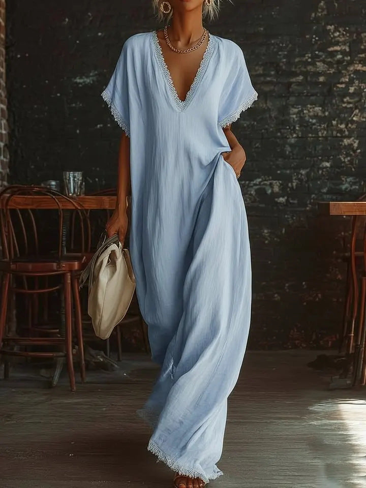 European And American Style Casual Elegant Comfortable Lace-trimmed Loose Linen Cotton Long Dress