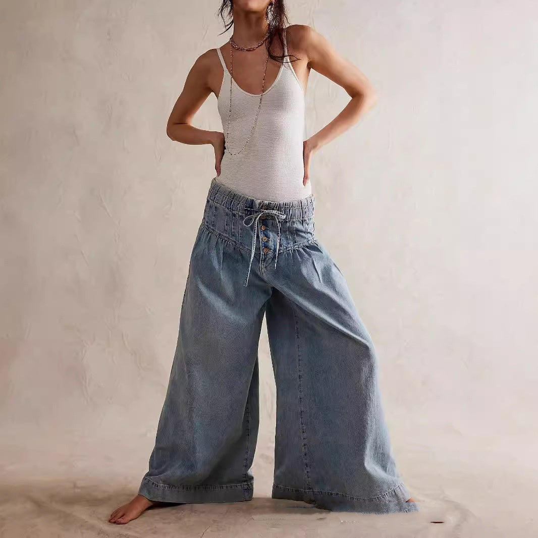 Women's Pleated Mid Waist Lace Up Loose Jeans