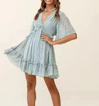 Fashionable Printed V Neck Ruffle Womens Dress