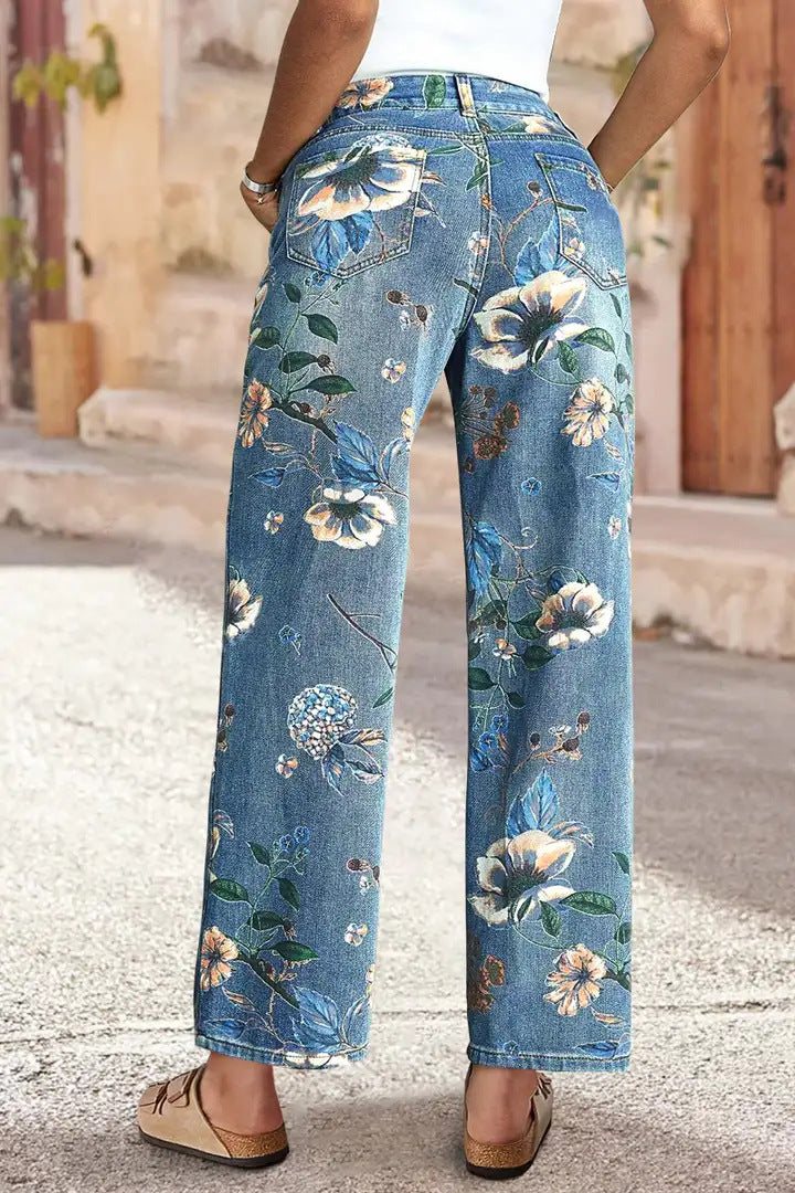 Women's High Waist Straight Leg Vintage Floral Jeans