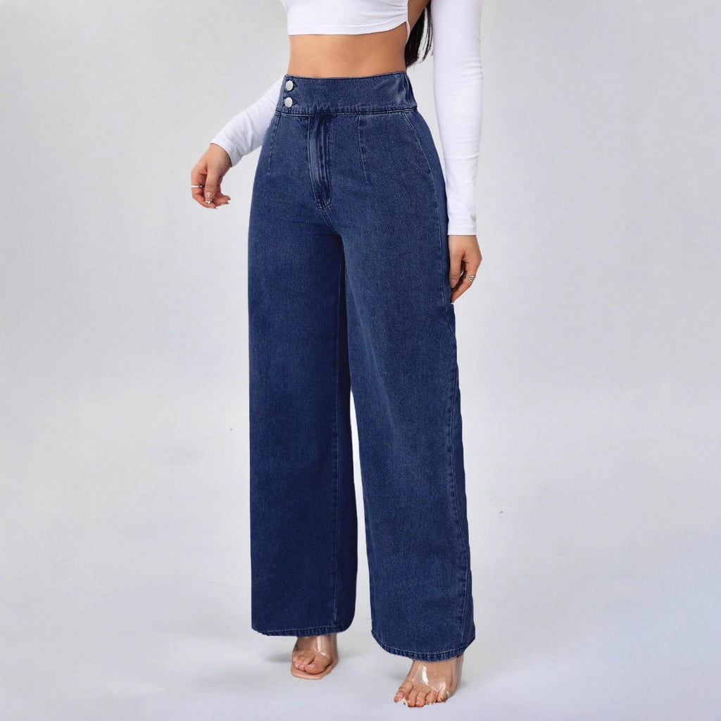Women's Retro Deep Blue High Waist Wide Leg Jeans