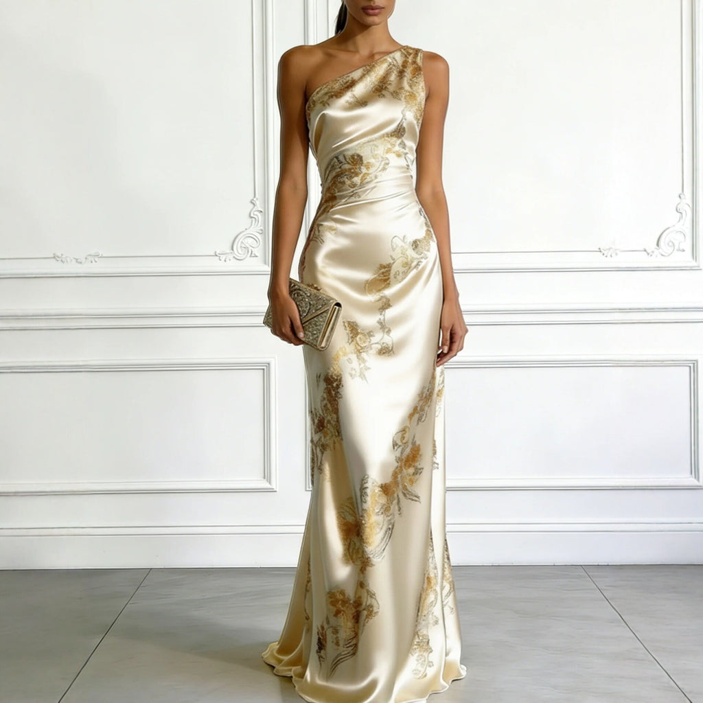 Golden Printed Off Shoulder Slim Fit Long