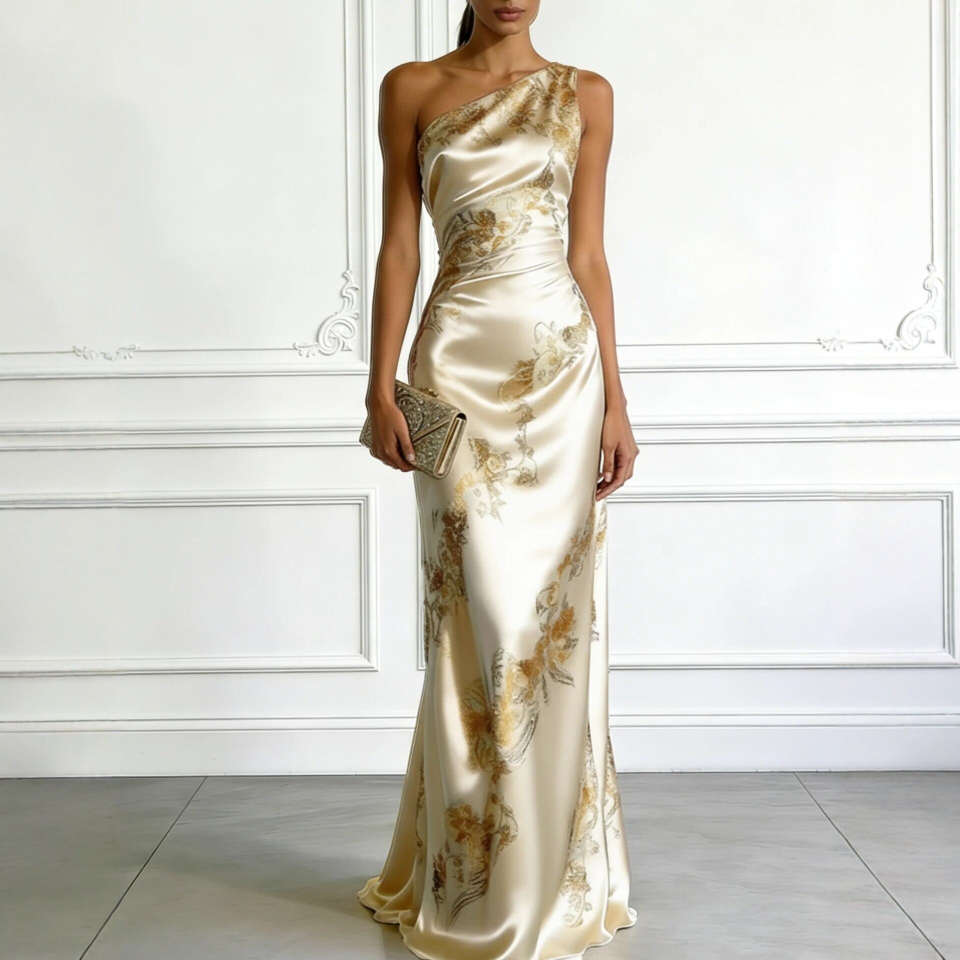 Golden Printed Off-Shoulder Slim-Fit Long Dress