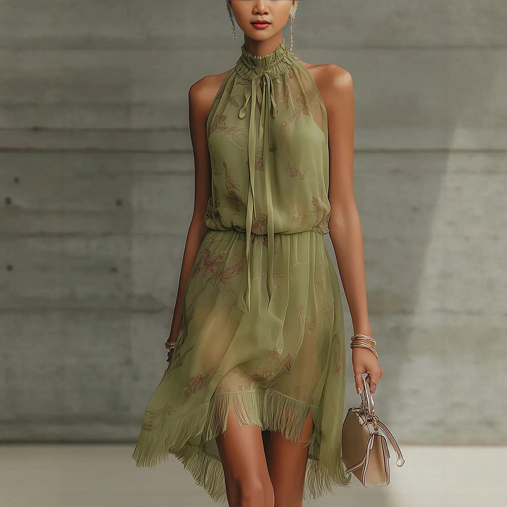 V Neck Waist Trimming Ruffles Elegant Dress