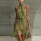 V Neck Waist Trimming Ruffles Elegant Dress