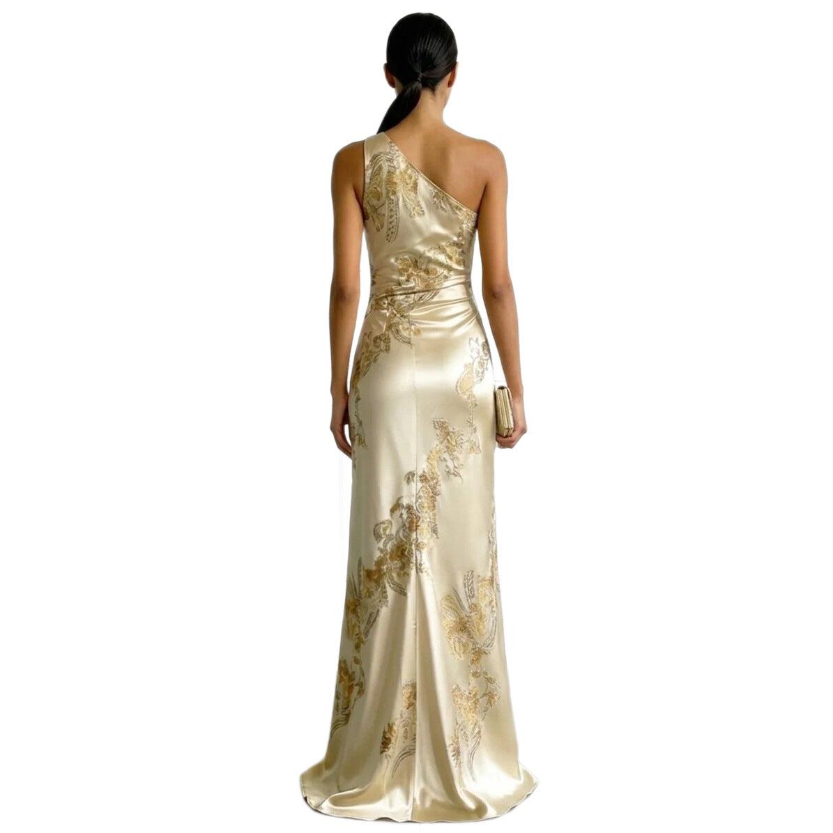 Golden Printed Off-Shoulder Slim-Fit Long Dress