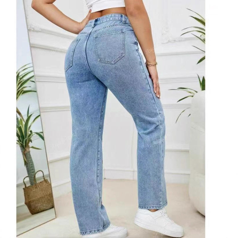 Women's Embroidered Straight Leg Loose Fit Stretch Jeans