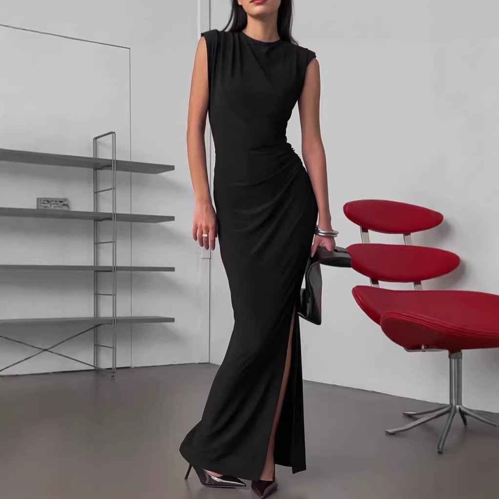 Spring Designer Crew Neck Defined Waist Dress