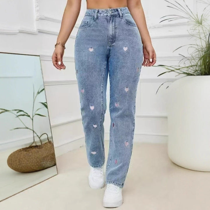 Women's Embroidered Straight Leg Loose Fit Stretch Jeans