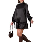 Solid-color Satin Dress With Intricate Pearl Detailing At The Neckline