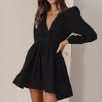 V Neck Waist Cinching Pleated Skirt With