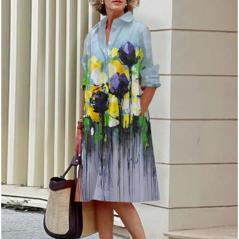 Elegant Polka Dot Printed Shirt Collar Mid