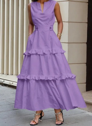 V-neck Sleeveless Fitted Waist Ruffle Dress