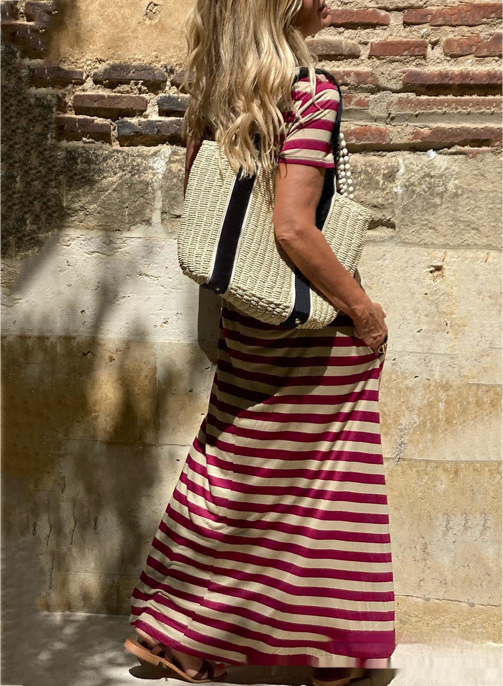 Womens Short Sleeve Pocket Casual Long Dress