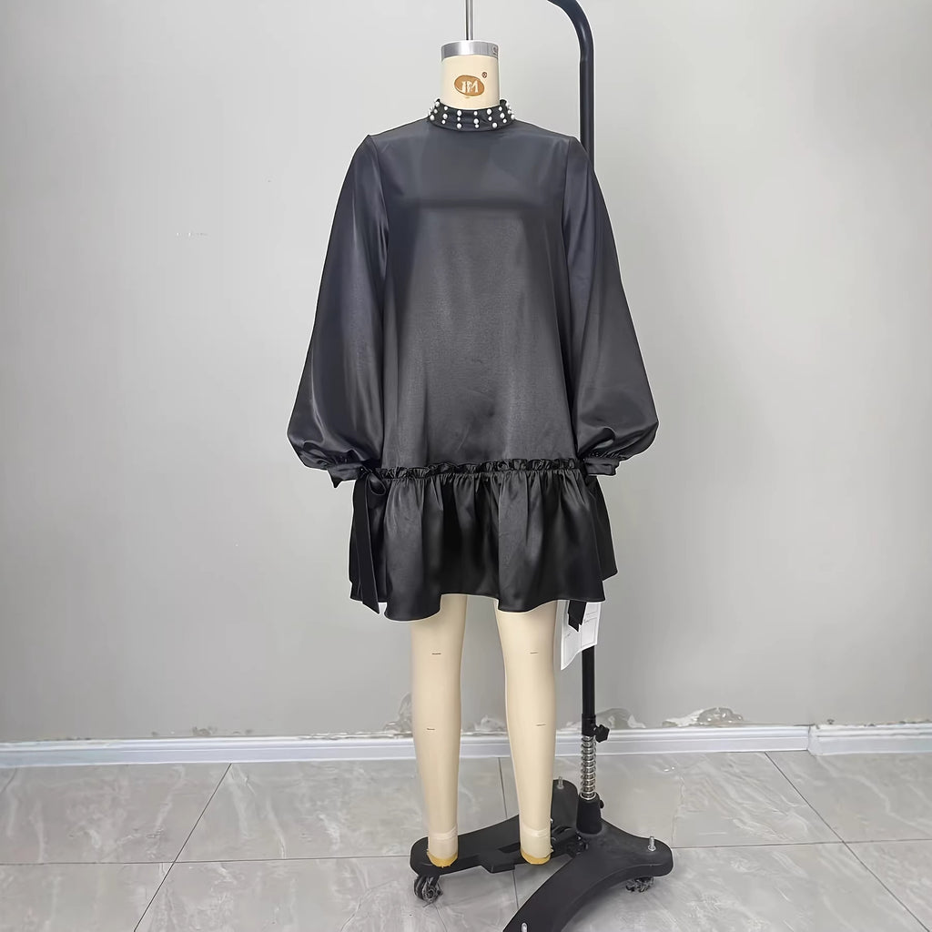 Solid-color Satin Dress With Intricate Pearl Detailing At The Neckline