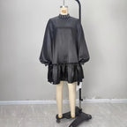 Solid-color Satin Dress With Intricate Pearl Detailing At The Neckline