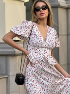 Printed Waist Cinching Puff Sleeve Dress