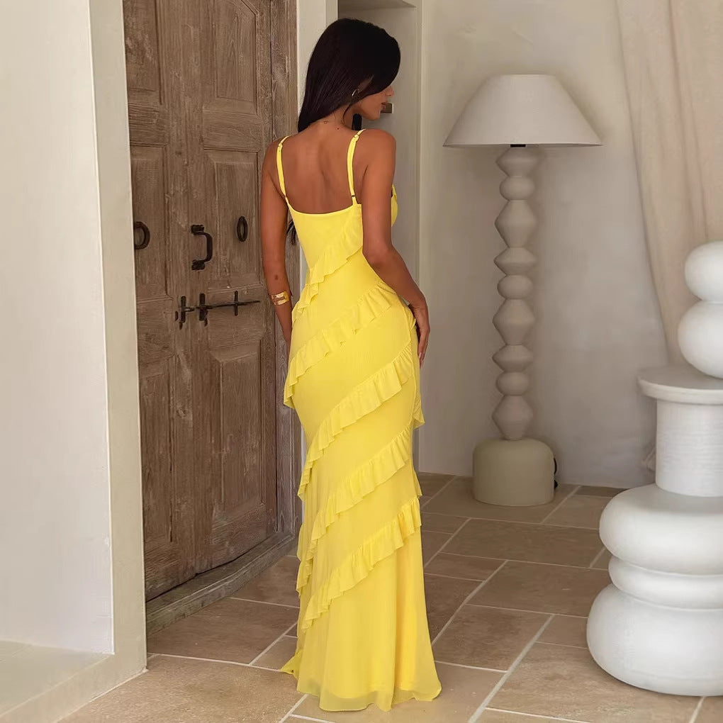 Backless Spaghetti Strap V Neck Dress With